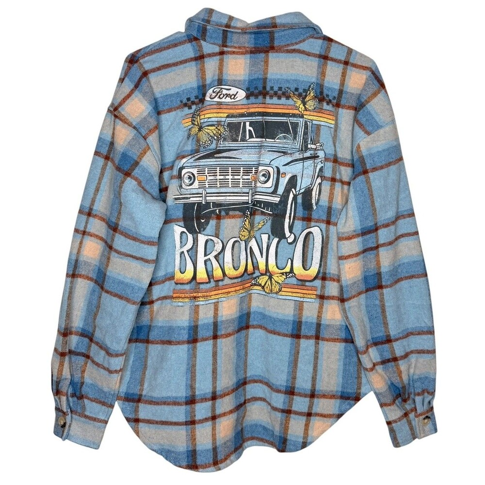 Ford Bronco Shirt Shacket Women’s Size S Blue Plaid Flannel Wool Blend Graphic